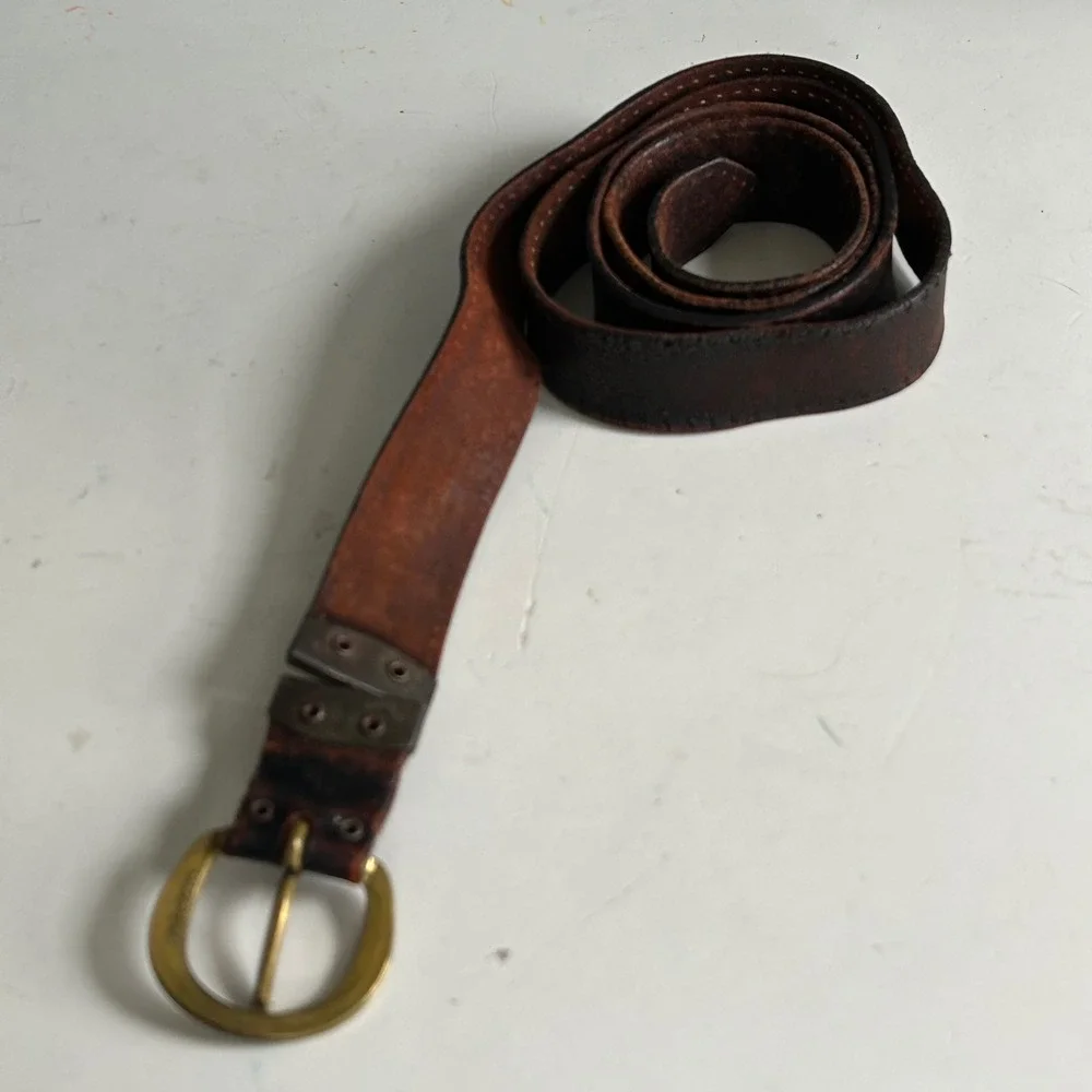 Vtg Belt Brass Buckle Mens XL XXL Distressed Brown Leather Workwear Reversible